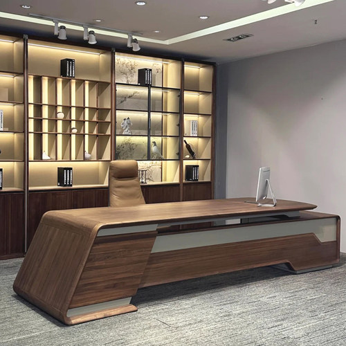 YP新中式北美黑胡桃木办公桌老板桌简约现代实木大班台总裁桌椅