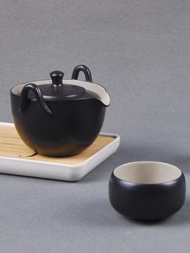 陆宝禅风粗陶黑白盖碗一壶二杯旅行功夫茶具快客杯陶然盖碗茶组