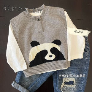 软绵绵～儿童针织毛衣春款男女童卡通熊猫马甲宝宝洋气套头背心潮