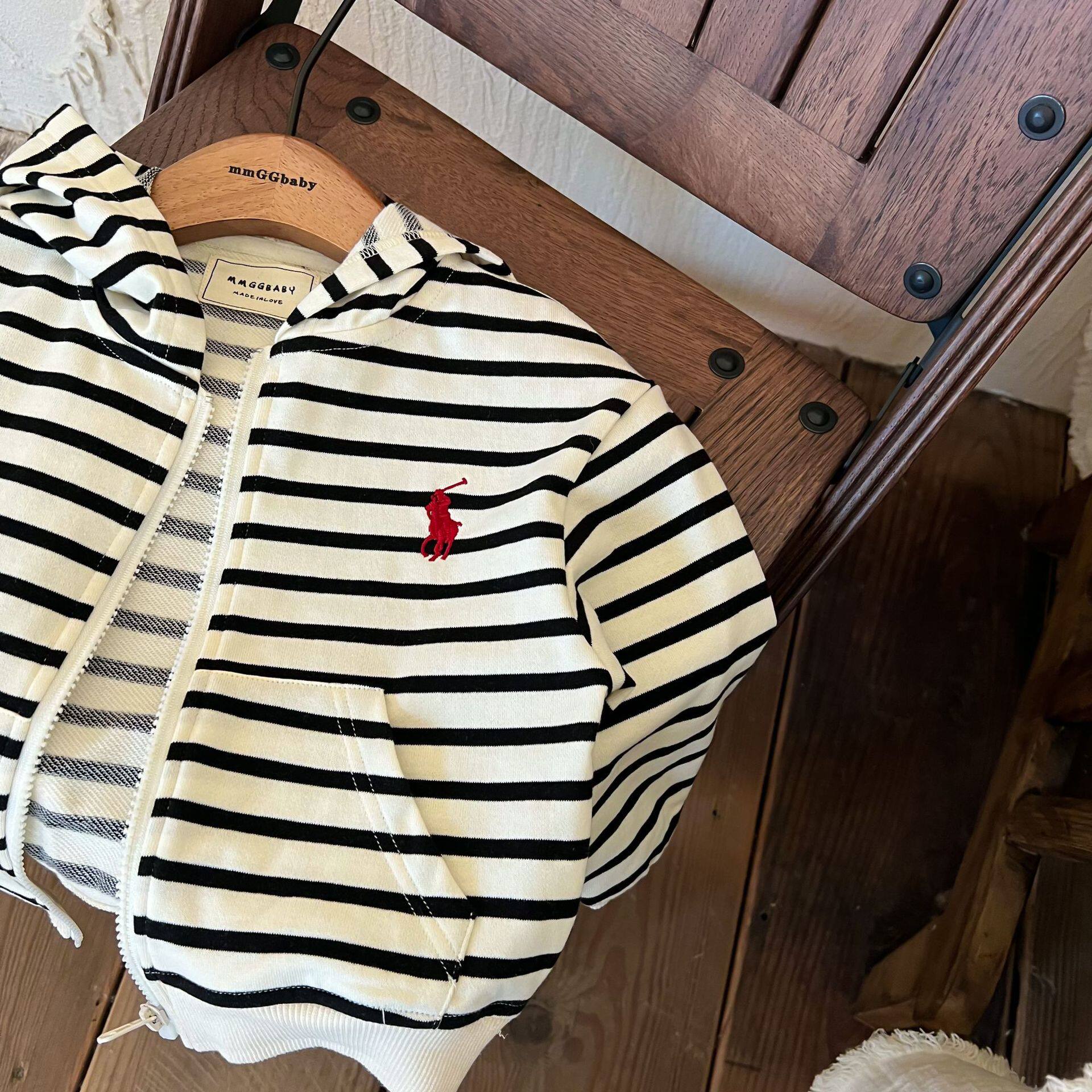 한국 아동 순면 후드 티셔츠 가디건 24 가을 스타일 남성 및 여성 베이비 패션 탑 트렌디 아동 스트라이프 자켓