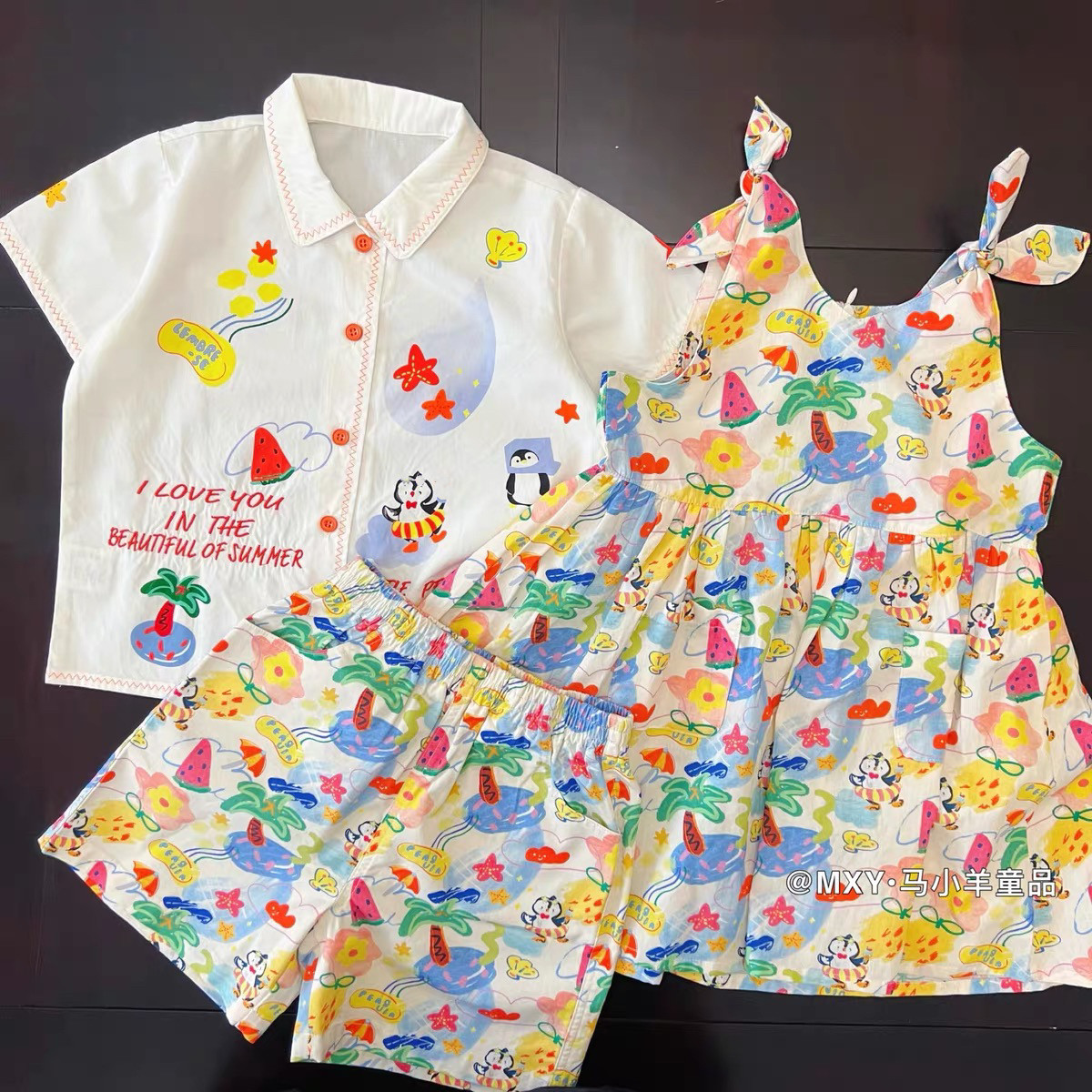夏日度假企鹅~25夏季男女童卡通衬衫短裤 女童印花连衣裙海边短袖