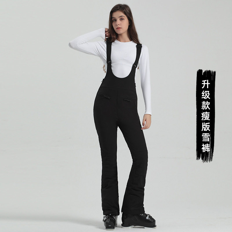 户外新款女款背带滑雪裤双板高弹修身防风防水耐磨黑色保暖雪地裤