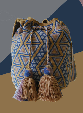 哥仑比亚WAYUU部落手工编织包瓦尤包单股大号米黄蓝三角