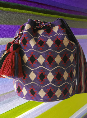 哥仑比亚WAYUU部落手工编织包瓦尤包单股大号紫色黑红菱形