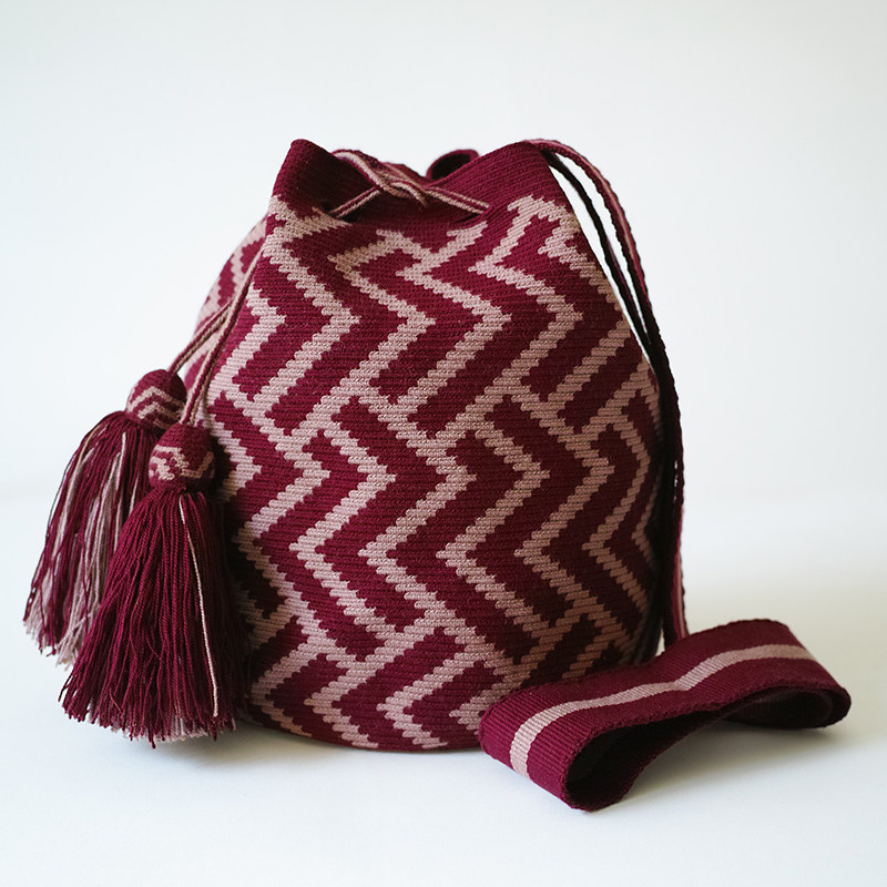 哥仑比亚WAYUU部落手工编织包瓦尤包单股大号酒红豆沙简约线条