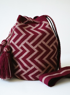 哥仑比亚WAYUU部落手工编织包瓦尤包单股大号酒红豆沙简约线条