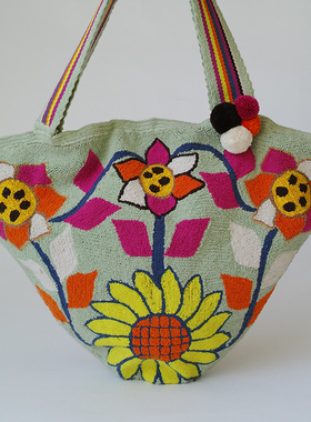 哥仑比亚WAYUU部落手工编织包瓦尤包戳绣大号单肩饺子果绿太阳花