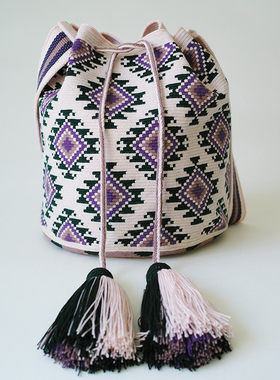 哥仑比亚WAYUU部落手工编织包瓦尤包单股大号浅粉绿紫配色
