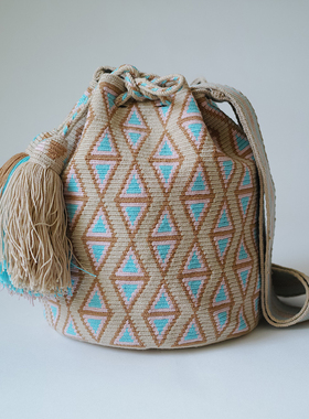 哥仑比亚WAYUU部落手工编织瓦尤包水桶包单股大号文艺米蓝粉