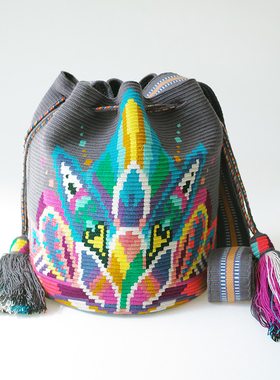 哥仑比亚WAYUU部落手工编织包瓦尤包单股大号灰色烈火莲花双侧抽
