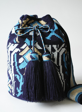 哥仑比亚WAYUU部落手工编织包瓦尤包单股大号金线深蓝抽象花银米