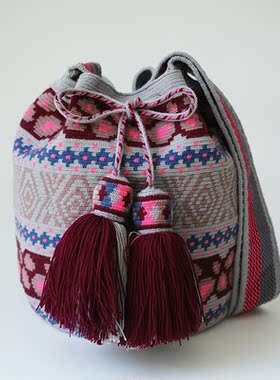 哥仑比亚wayuu部落手工编织包瓦尤包单股大号灰色荧光粉图腾
