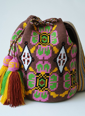 哥仑比亚WAYUU部落手工编织包瓦尤包单股大号浅咖绿粉游戏
