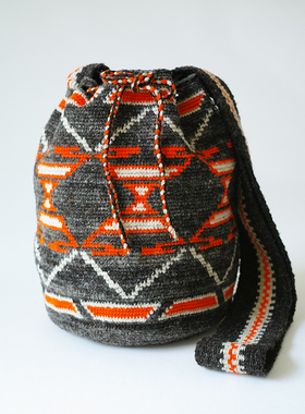 哥仑比亚WAYUU部落手工编织包瓦尤包单股大号羊毛深灰荧光桔
