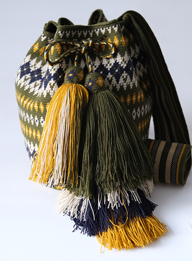 哥仑比亚WAYUU部落手工编织包瓦尤包单股大号好球军绿小菱形