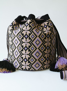 哥仑比亚WAYUU部落手工编织包瓦尤包单股大号黑底紫米枫叶双侧抽