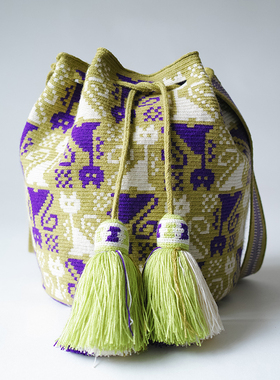 哥仑比亚WAYUU部落手工编织包瓦尤包单股大号果绿紫白猫咪