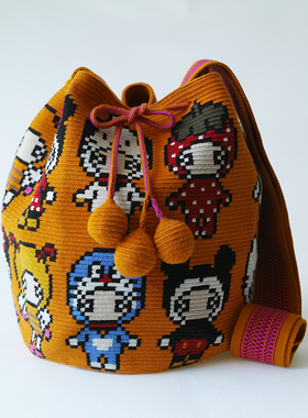 哥仑比亚WAYUU部落手工编织包瓦尤包单股大号姜黄卡通变装女孩