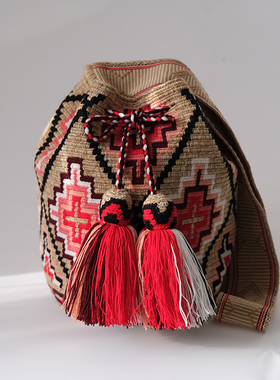 哥仑比亚WAYUU部落手工编织包瓦尤包双股大号杂色红粉米十字花