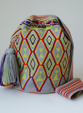 哥仑比亚WAYUU部落手工编织包水桶包单股大号灰绿菱形现货