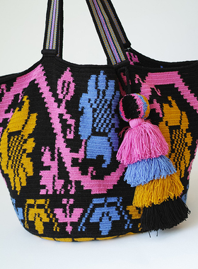 哥仑比亚WAYUU部落手工编织包瓦尤包单股大号沙滩黑底粉蓝文艺花