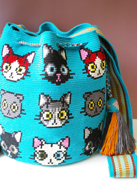 哥仑比亚WAYUU部落手工编织包瓦尤包单股大号湖蓝卡通猫头双侧抽