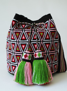 哥仑比亚WAYUU部落手工编织包瓦尤包单股大号黑底粉绿红三角