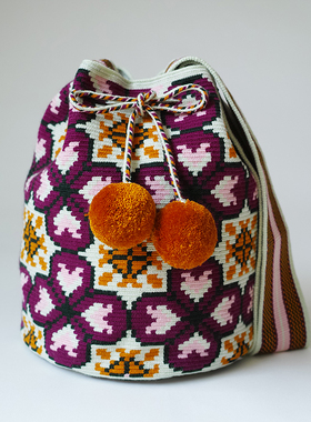 哥仑比亚WAYUU部落手工编织包瓦尤包单股大号果绿枣色四叶草好球