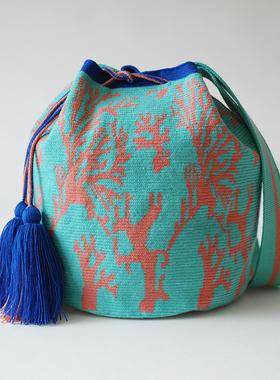 哥仑比亚WAYUU部落手工编织瓦尤包水桶包单股大号蓝粉大树图腾