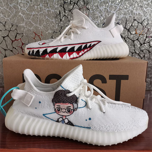 DIY来图定制手绘球鞋白冰淇淋yeezy椰子鞋350v2鲨鱼嘴涂鸦aj1改色