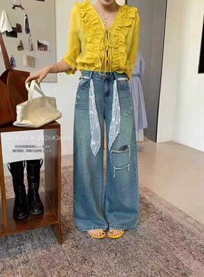 VV7&MOK 6306 时尚洋气百搭设计感显瘦破洞蕾丝腰带直筒裤阔腿裤