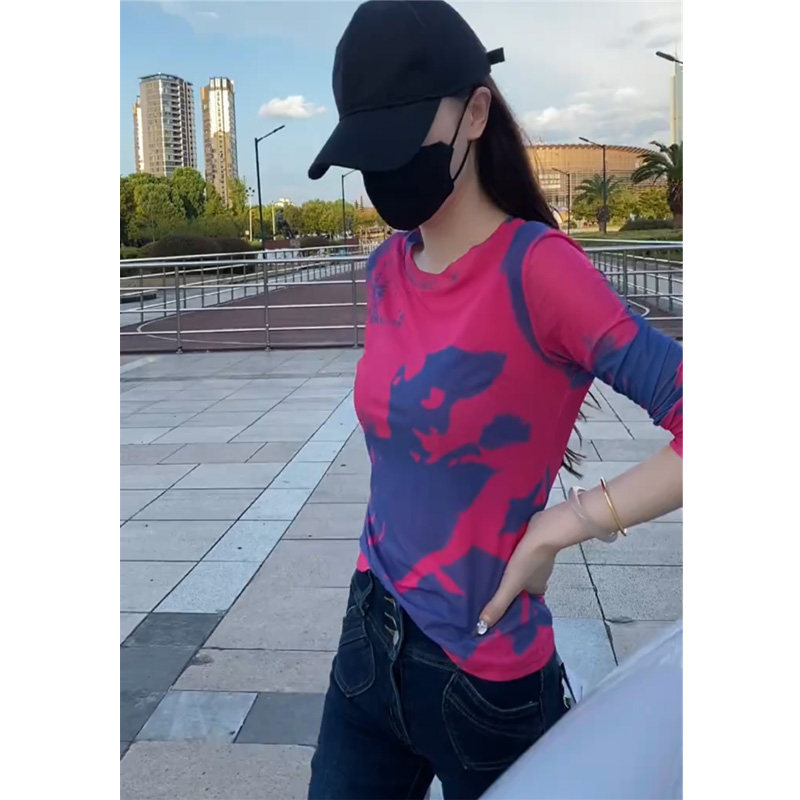 欧货网纱上衣时尚印花t恤女长袖秋衣新款减龄2025女款秋装打底衫