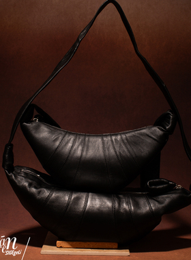 ShānRen 定制柔软羊皮小众通勤斜跨包轻奢大容量真皮牛角包黑色