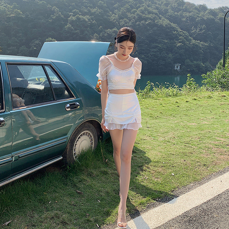 分体泳衣女2022新款两件套包臀短裙高腰无钢托舒适纯色葫芦岛泳装