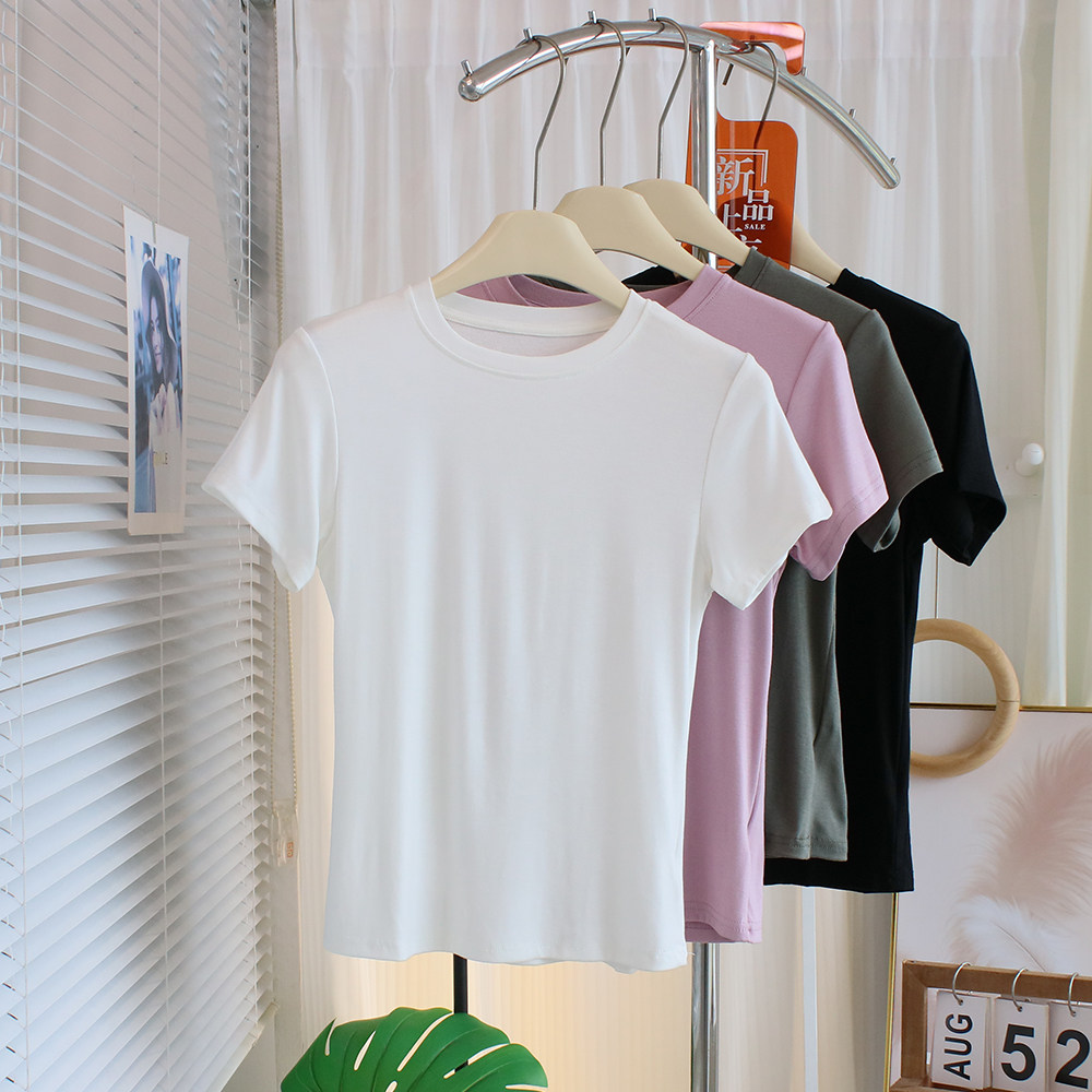 高级感~柔软莫代尔棉修身正肩短袖t恤女夏圆领弹力紧身打底衫上衣