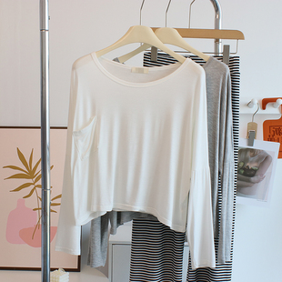 柔软亲肤~大圆领短款莫代尔t恤女宽松薄防晒衣罩衫瑜伽舞蹈服上衣