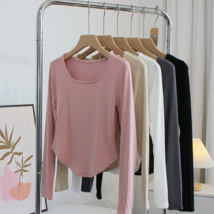 小蛮腰设计感~修身短款方领t恤女春长袖打底衫短袖上衣瑜伽舞蹈服