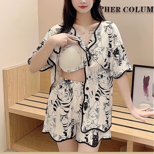 甜美可爱学生宿舍大码 短裤 可外穿家居服 短袖 带胸垫睡衣女夏天薄款