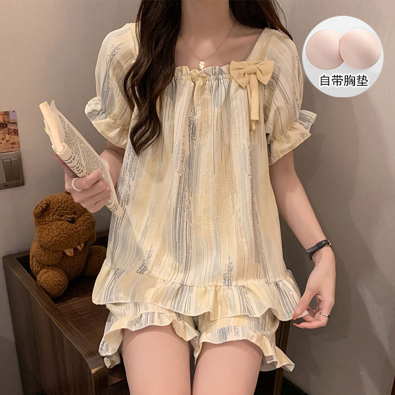 带胸垫夏季睡衣女短袖短裤两件套减龄宽松加大码甜美可爱家居服