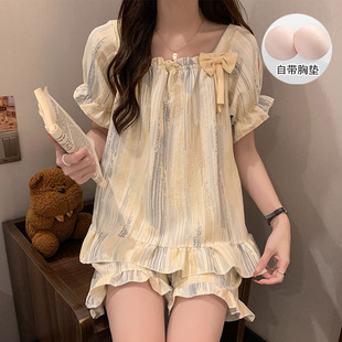 两件套减龄宽松加大码 短裤 甜美可爱家居服 睡衣女短袖 带胸垫夏季