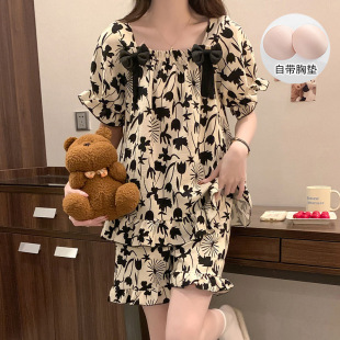 大码带胸垫睡衣女夏季薄款高颜值甜美印花短袖短裤学生宿舍家居服