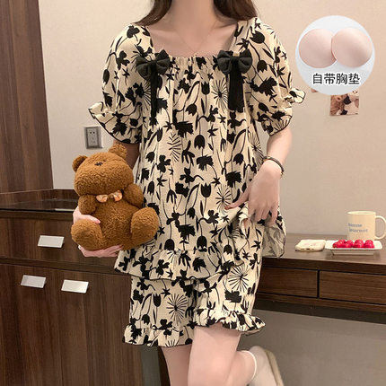 大码带胸垫睡衣女夏季薄款高颜值甜美印花短袖短裤学生宿舍家居服