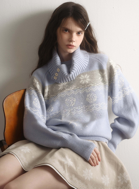 今日艺术家原创红蓝色可拆卸高领羊毛费尔岛毛衣印花半裙套装