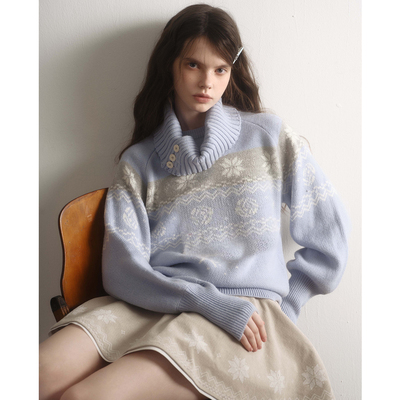 今日艺术家原创红蓝色可拆卸高领羊毛费尔岛毛衣印花半裙套装