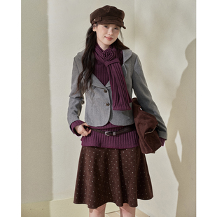 今日艺术家原创紫色坑条针织衫 浅灰百搭昭和风毛呢外套复古套装