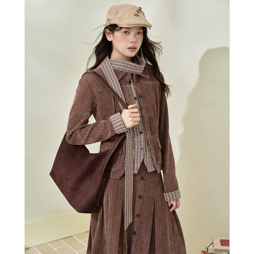 今日艺术家原创棕色复古学院风假两件针织上衣灯芯绒套装半身裙