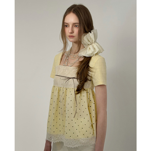 上衣 短袖 今日艺术家原创复古法式 浪漫少女黄油色波点娃娃衫