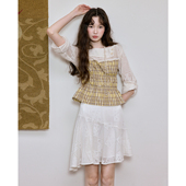 今日艺术家原创杏黄色新波西米亚长袖 斜领上衣镂空不规则半裙套装