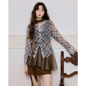 今日艺术家原创蓝色复古格纹浪漫少女假两件连衣裙上衣