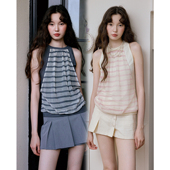 今日艺术家原创灰粉色镂空条纹吊带背心上衣